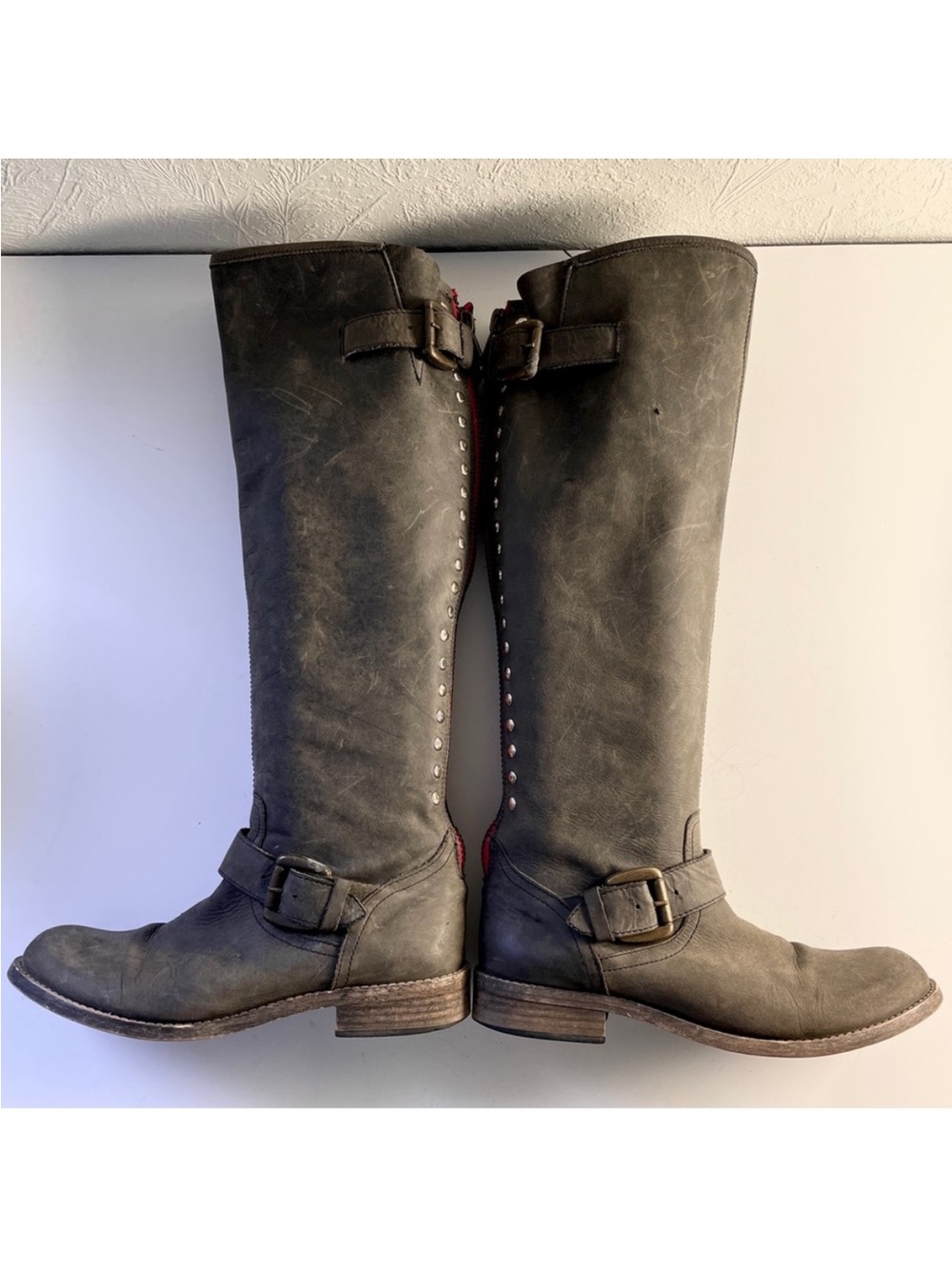 STEVE MADDEN Lynxx Gray Over The Knee Moto Boot Studded Back Zip Buckle Charcoal